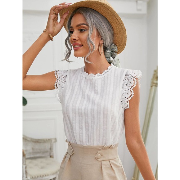 Boho Gypsy Dreamer Tops - Cottagecore vintage style Ruffle sleeve tank Lace Detail Top white eyelet